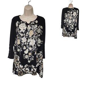 JM Collection Womens Round Neck Floral Tunic Blouse Black & Beige Size Medium